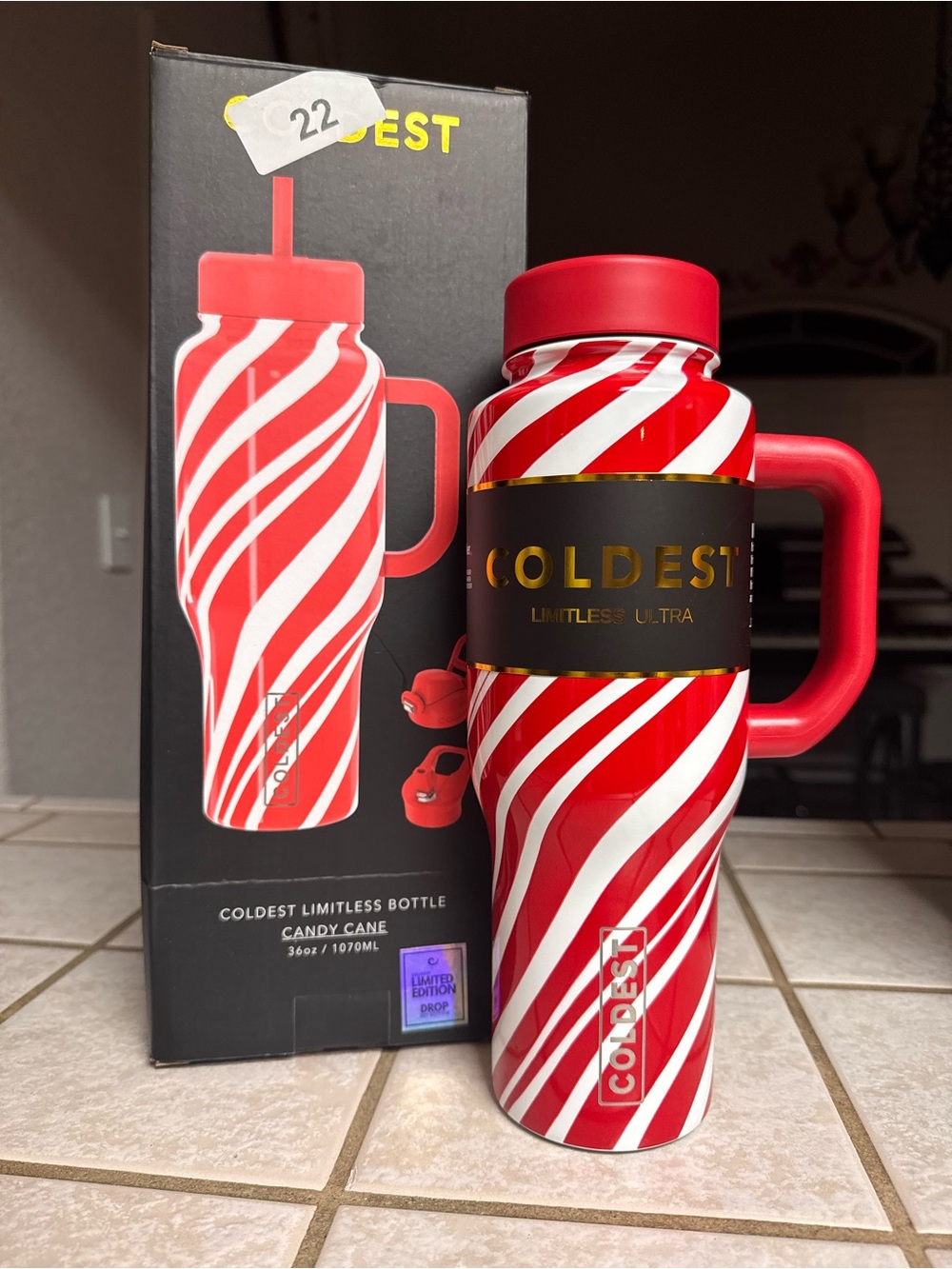 🎄 COLDEST Limitless 36 oz Water Bottle – Candy Cane Edition – SOLD OUT! ❤️🤍